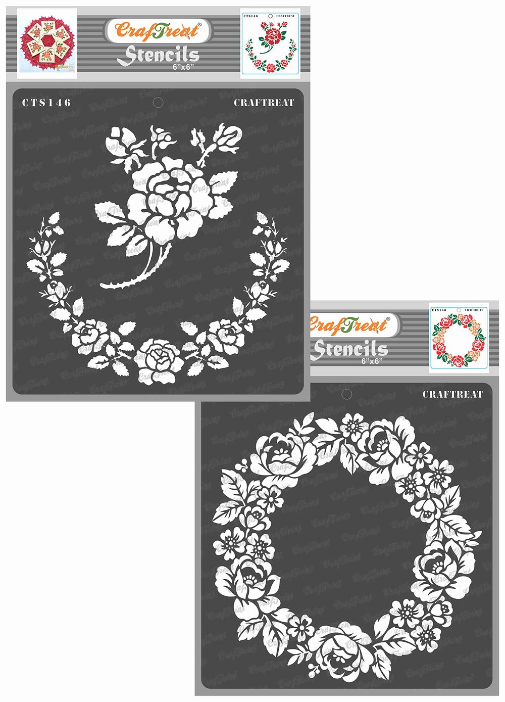 CrafTreat Reusable Flower Stencils for Painting on Wood, Canvas, Paper, Fabric, Floor, Wall and Tile -Rose Parade and Rose Wreath - 2 Pcs - 6x6 Inch Each - DIY Art and Craft Stencils for Painting