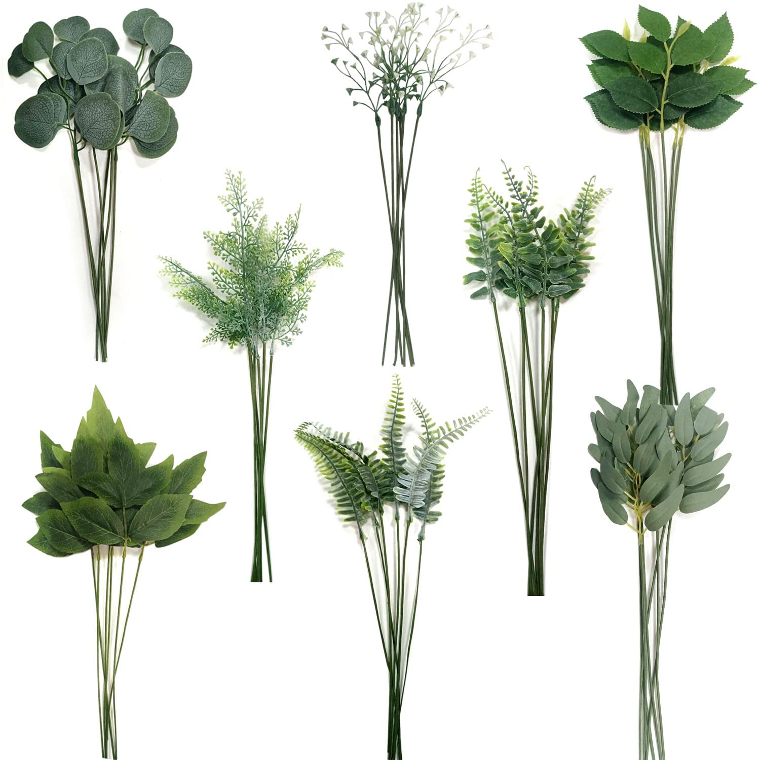 OrgMemory Artificial Leaves, 48 Pcs with Stems, Plastic Leaves, Fake Leaves, 8 Kinds Fake Plant Stems for Kitchen Garden, Balcony, Bedroom, Banquet, Wedding (Green Leaves)