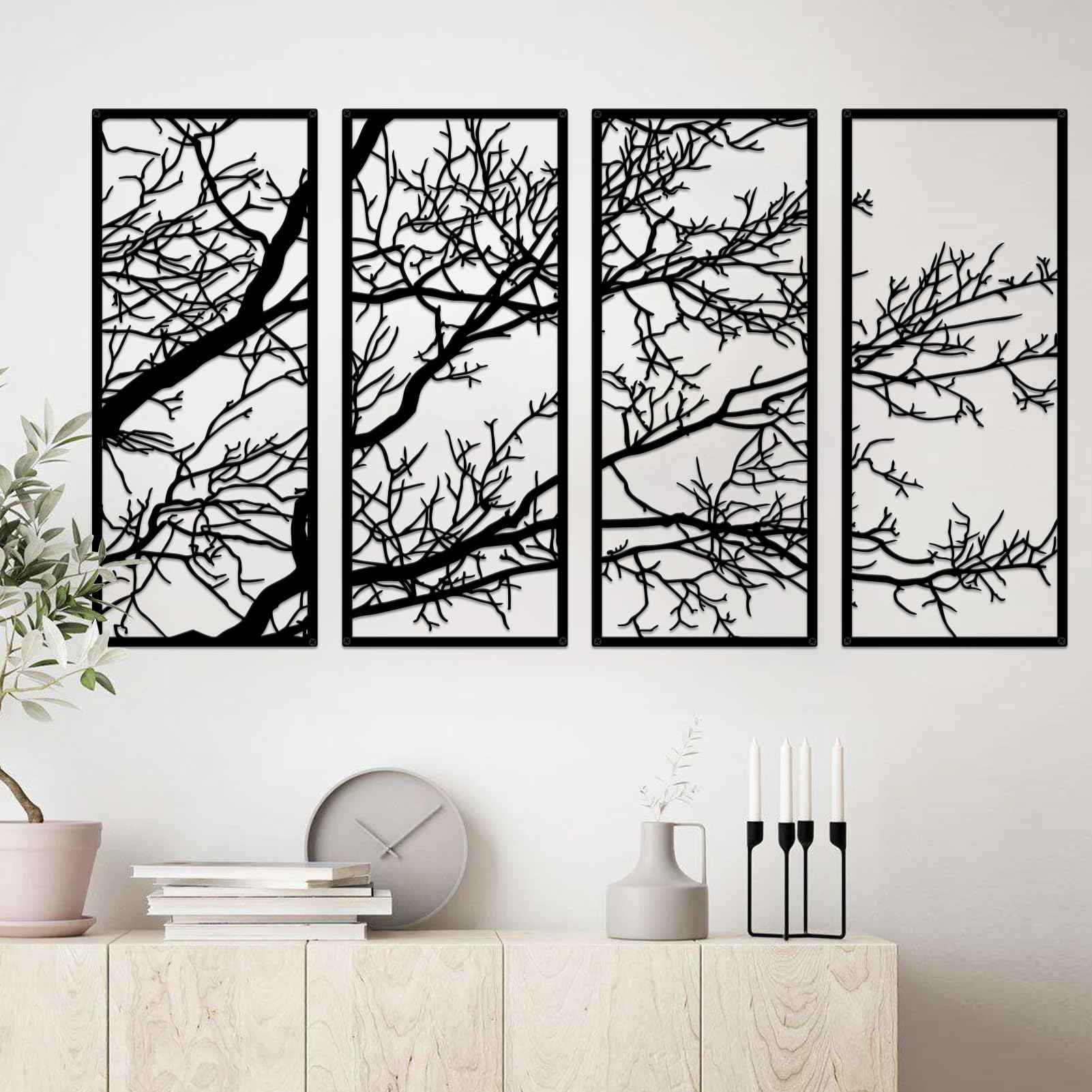 ESTART 4 Pieces Tree of Life Metal Wall Decor, Black Tree Branch Metal Wall Art, Tree Sign Wall Hangings for Home Garden Office Living Room Indoor Outdoor (Small)