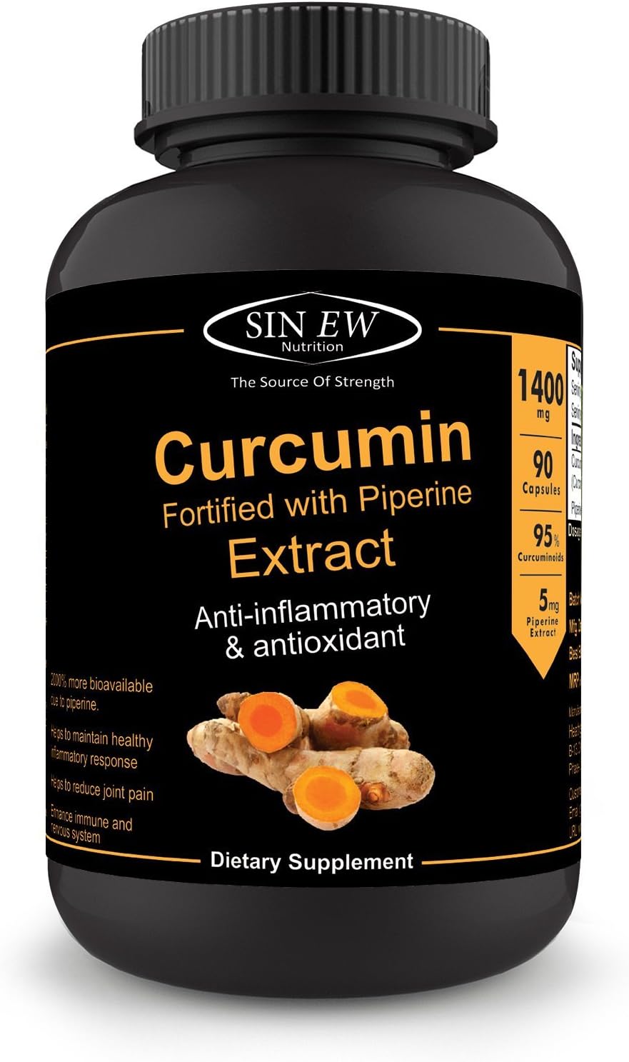 Sinew Nutrition Organic Turmeric Curcumin Extract 90 Count (1400 mg/serve), 95% Curcuminoids with Piperine for Extra Bioavailability