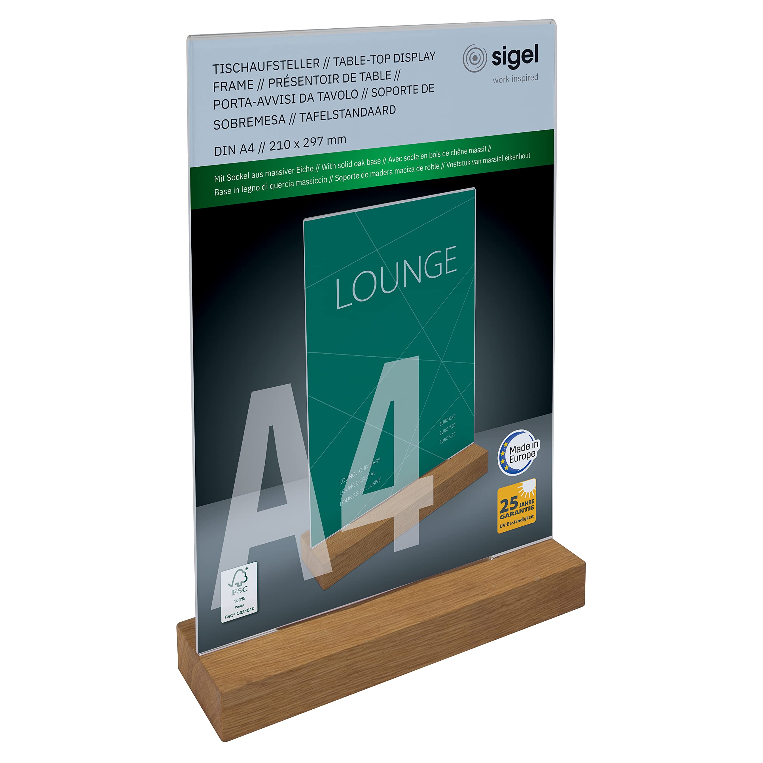 SIGEL TA256 Vertical table top display, acrylic, with oak base, for A4
