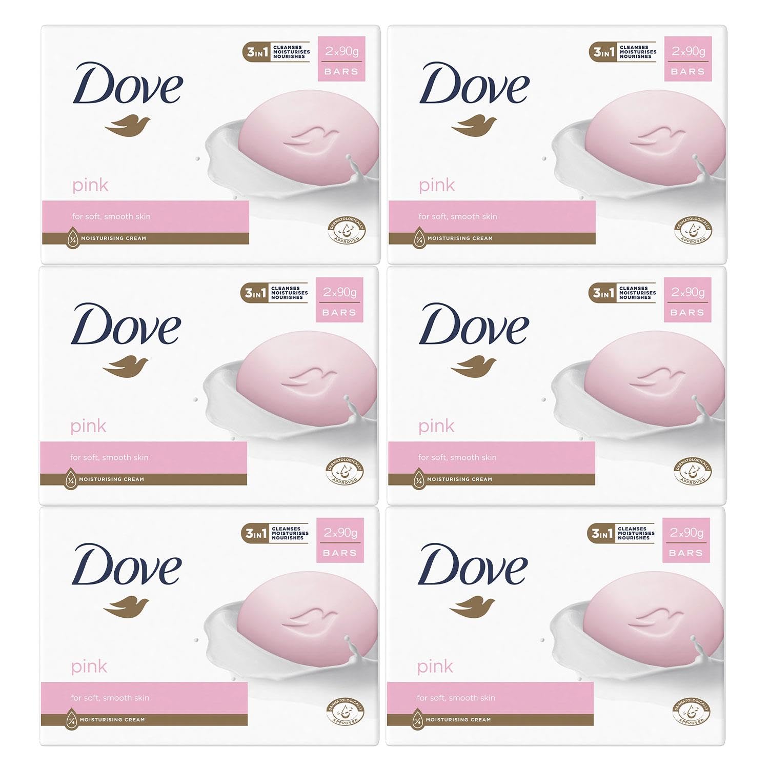Dove Pink Moisturising Beauty Cream Bar 3 in 1 Cleanses, Moisturises and Nourishes Soap for Soft, Smooth Skin Vegan, Crealty Freee and Dermatologically Tested Beauty Soap 2x90g, 6 Pk