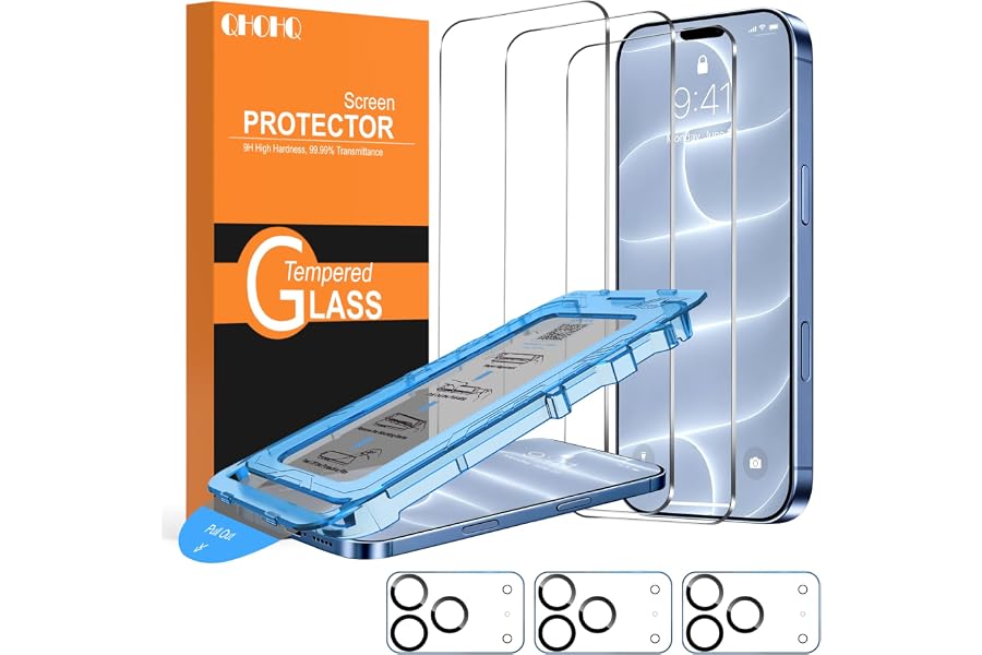 QHOHQ for iPhone 18 Pro Screen Protector, 9H+ Tempered Glass, 3+3 Pack | with Camera Lens Protector, Auto-Align Bubble Free Installation, Military Grade Shatterproof, HD Clear, Case Friendly