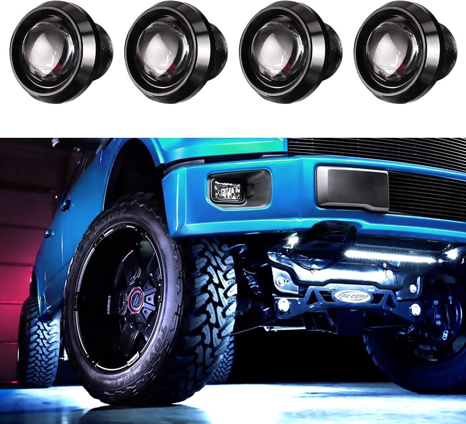 OFFROADTOWN LED White Rock Lights 4 Pods with Wiring Harness LED Neon Underglow Rock Light for Car Truck ATV UTV SUV Offroad Boat Underbody Glow Trail Rig Lamp LED Wheel Well Lights (White)