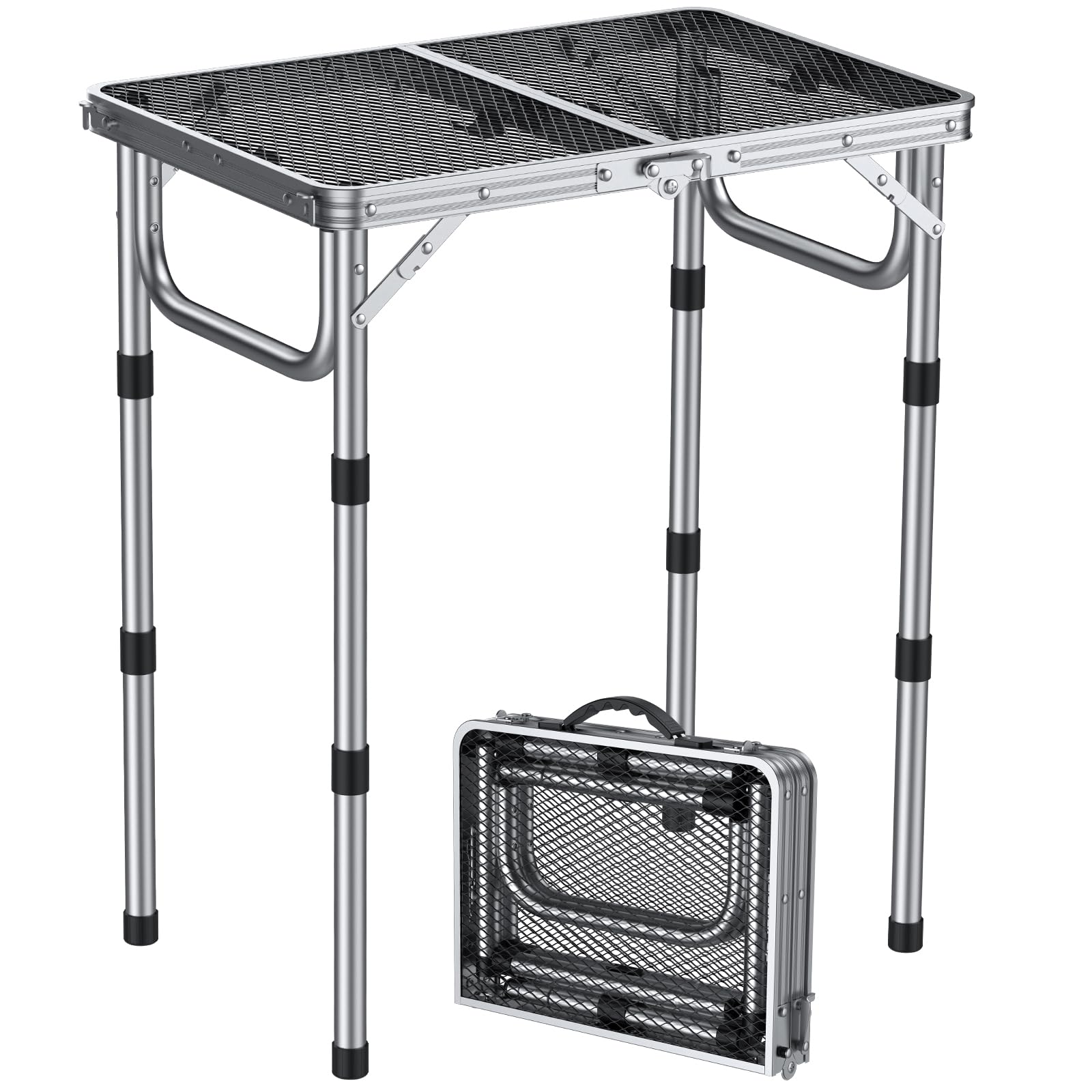 Anbte Folding Grill Table, 3 Adjustable Heights Aluminum Camping Table Heat Resistant with Mesh Desktop, Lightweight, Portable handle for Outdoor Cooking Fishing Picnic Garden, 58 cm x 40 cm, Silver