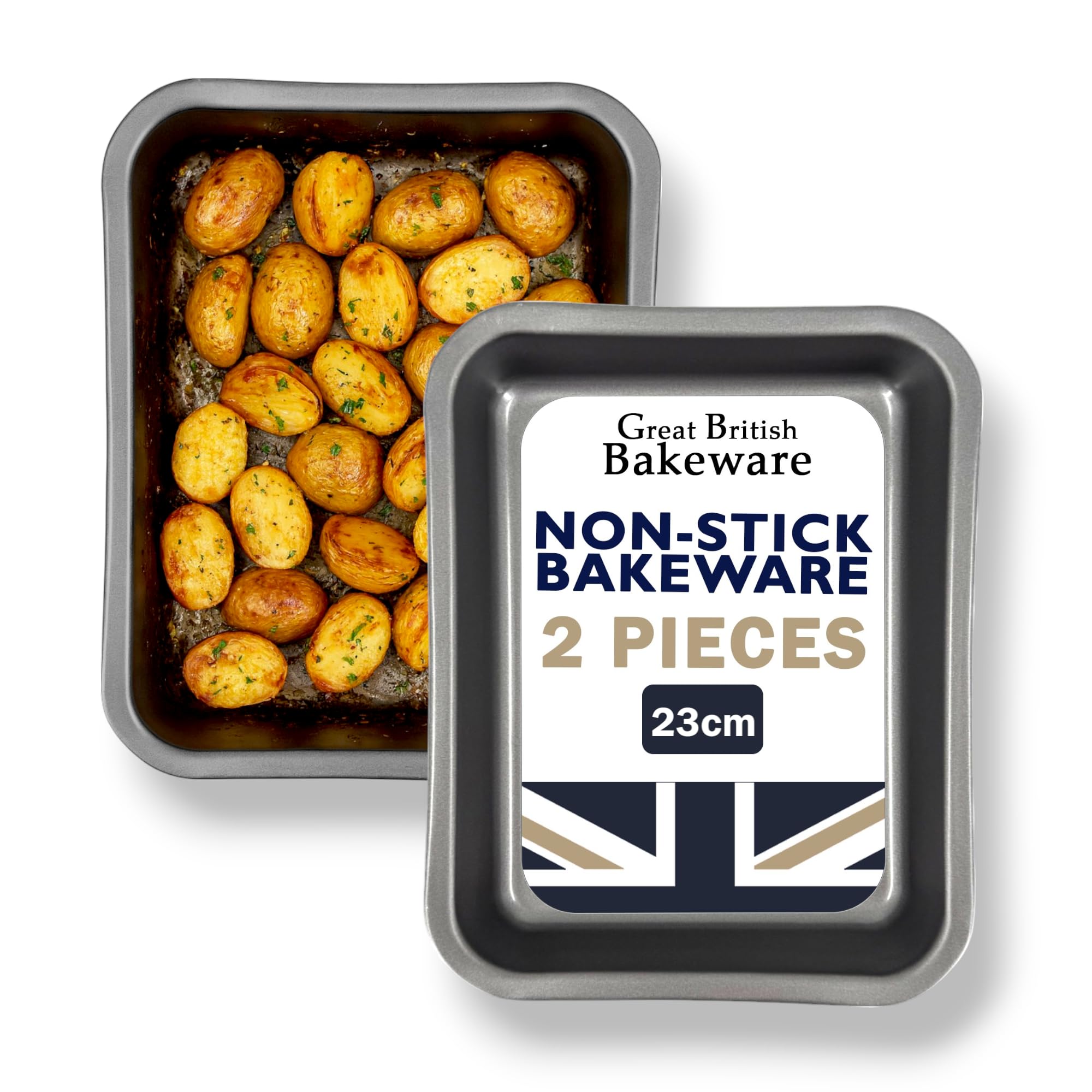 Great British Bakeware 2 Pack Non-Stick Double Coated Roasting Tray 23cm Baking Pan Set for Sandwich or Sponge Cakes, Heavy Duty Double Coated Steel, Easy Release & Clean, UK Made