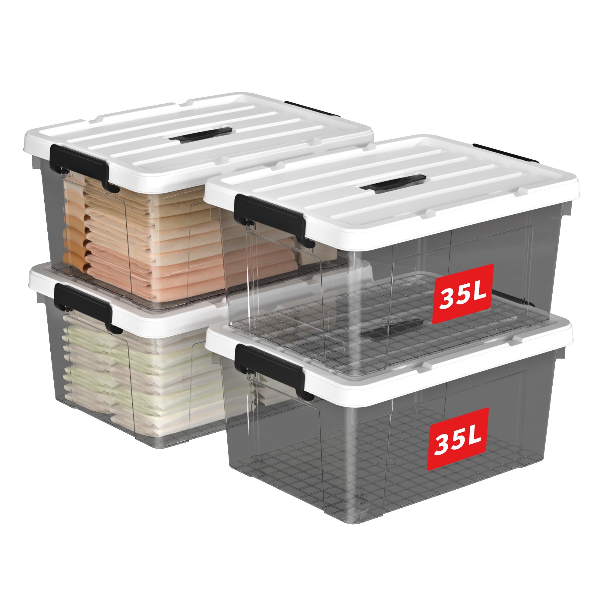 Cetomo Lidded Storage Bin with Handle, Tote Organizing Container with Durable Lid and Secure Latching Buckles, Stackable and Nestable, Plastic, 40 Quart-4 Pack, Clear Black Image