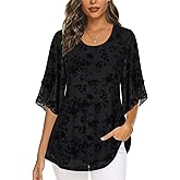 Ninedaily Women's Tops 3/4 Sleeve Blouses Dressy Casual Double Layers Mesh Tunic Shirts