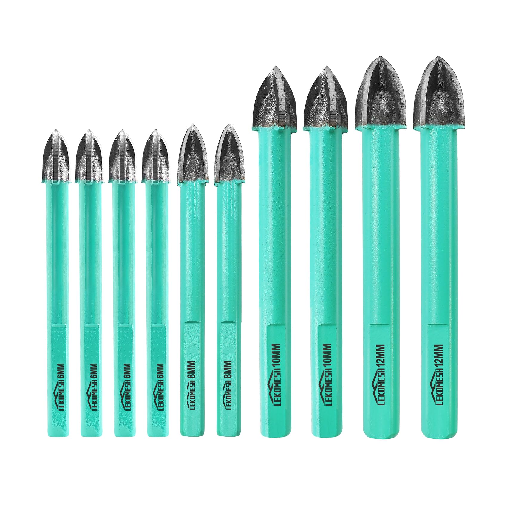 LEKOMESH Masonry Concrete Drill Bits - 10pcs 6 * 4+8 * 2+10 * 2+12 * 2mm Carbide Drill Bits Tip for Wood, Plastic, Masonry, Ceramic Tile, Triangle Shank