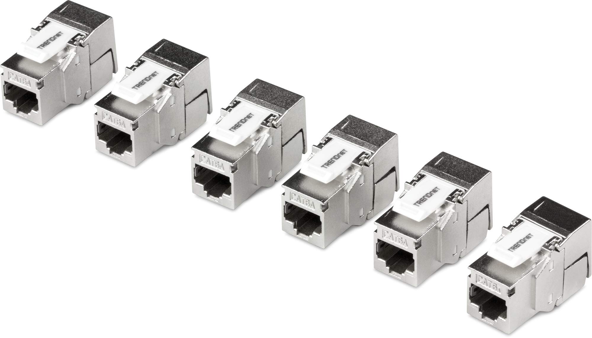 TRENDnet Shielded Cat6A Keystone Jack – 6-Pack, 180° Angle Termination, Colour-Coded Labelling for T568A & T568B Wiring, TC-K06C6A