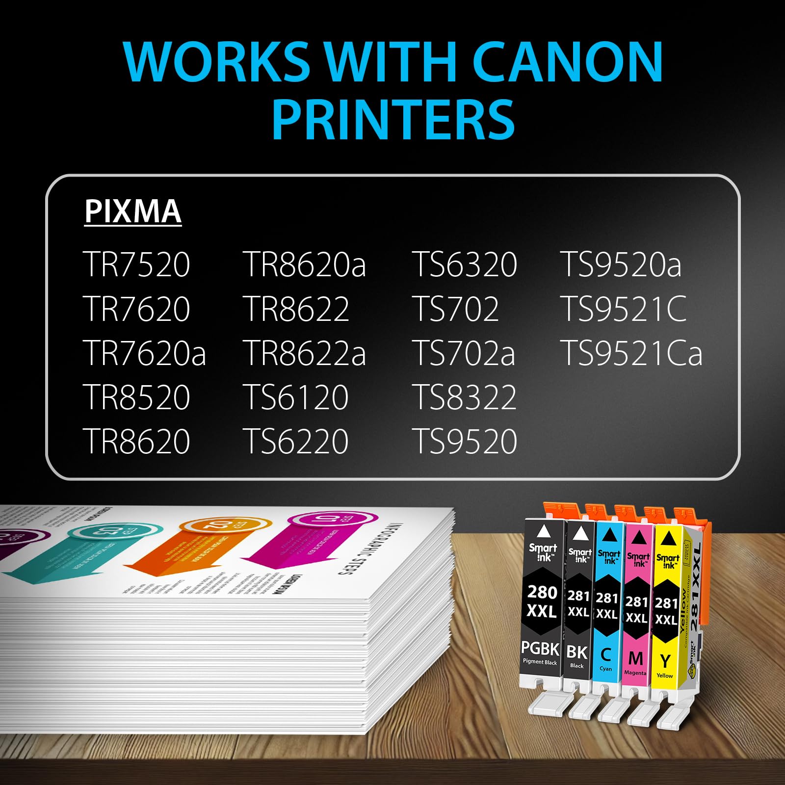 Smart Ink Compatible Ink Cartridges Replacement for Canon 281 280 PGI-280XXL CLI-281XXL (5 Combo Pack) to use with Canon Printers Pixma TR8520 TS9120 TS6120 TR8620 TR8620a TS6320 TR7520 PGBK/BK/C/M/Y
