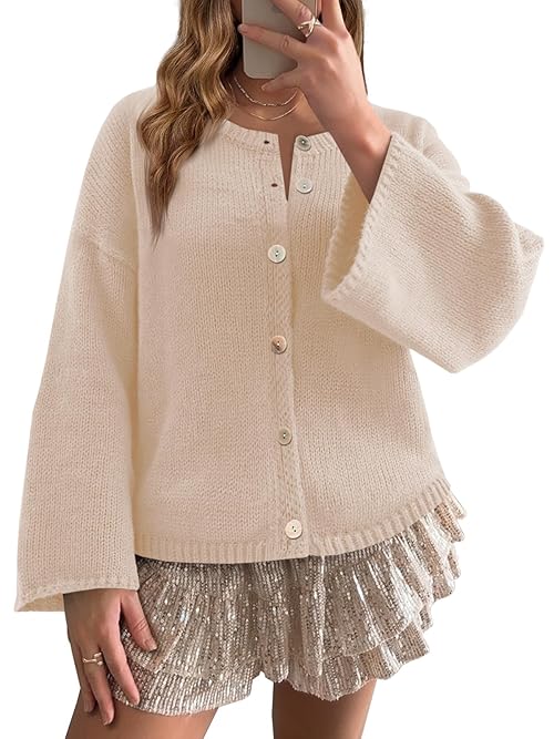Saodimallsu Women 2025 Oversized Button Down Cardigan Chunky Knit Long Sleeve Sweater Beige