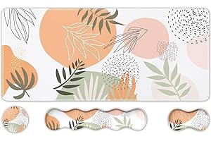iLeadon Keyboard Mouse Pad Set, Mouse Pad with Wrist Rest + Keyboard Wrist Rest + Extended Desk Mat + Coaster, Non-Slip Rubber Base, 35.4x15.7in Large Mouse Pad for Desk Home Office, Boho Leaves