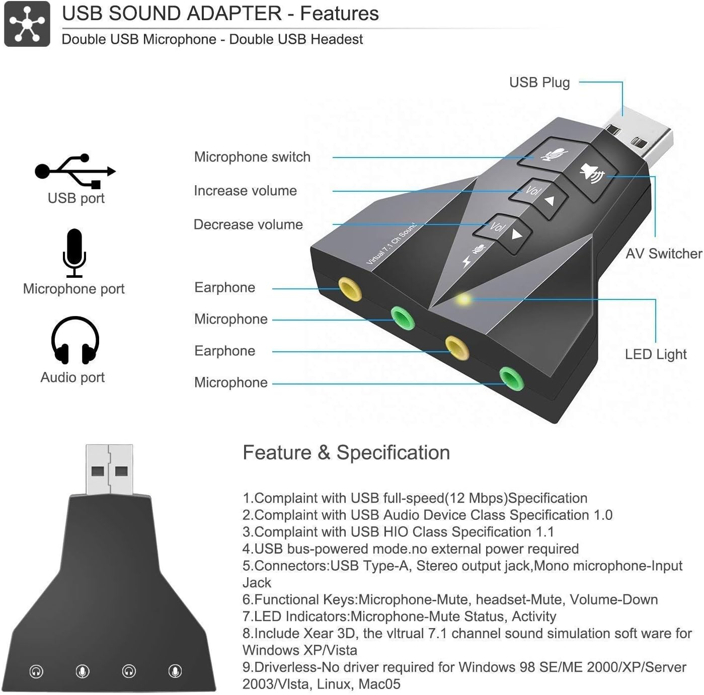 WireScorts Portable USB Audio Adapter External Stereo Sound Card Converter with Double 3.5 mm Headphone and Microphone Jack for Windows Mac Linux PC Desktop