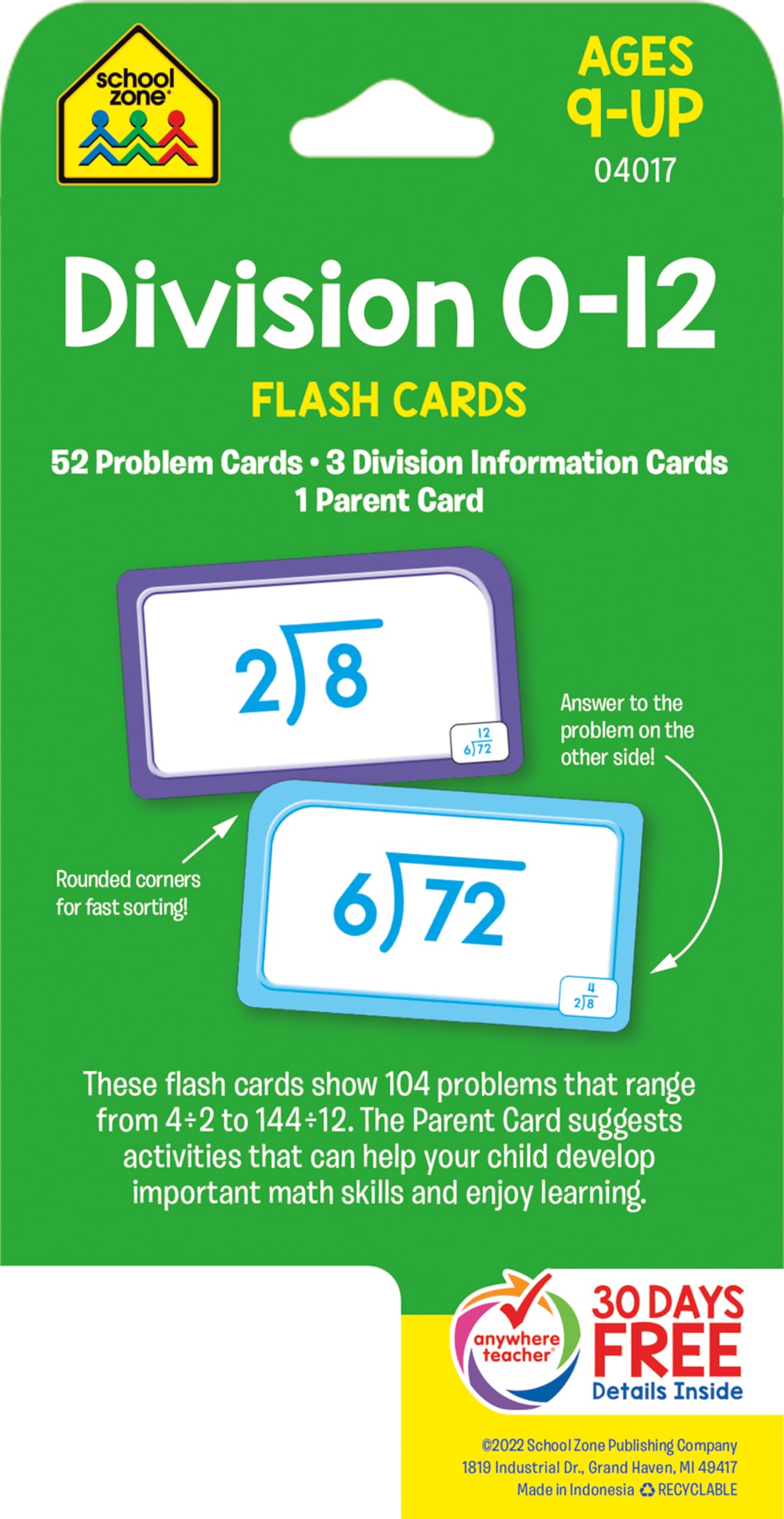School Zone Division 0-12 Flash Cards: 56 Cards, 3rd Grade, 4th Grade, Math Equations, Elementary Math, Division Practice, Dividends, Numbers 0-12, Ages 9+