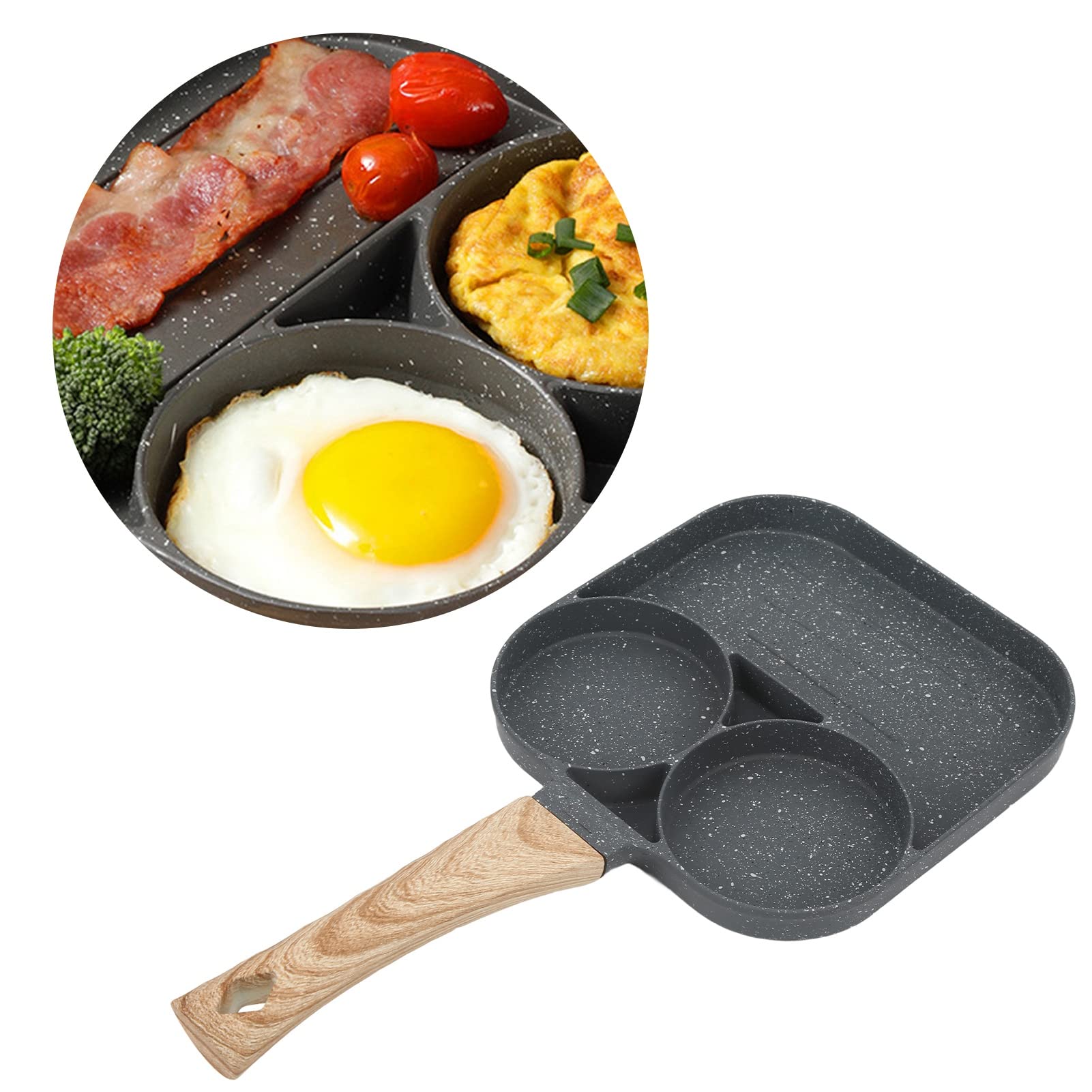 Divided Frying Pan, Non Stick Egg Frying Pan with Lid All in One Pan Fried Egg Pan Induction Compatible 3 in 1 Multi Section Breakfast Pan