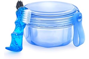 EZEELAI No Leak Partial Denture Case Retainer Bath Box Cup, Denture Soaking Cup False Teeth Holder Box Case with Strainer Basket and Brush - Transparent Blue