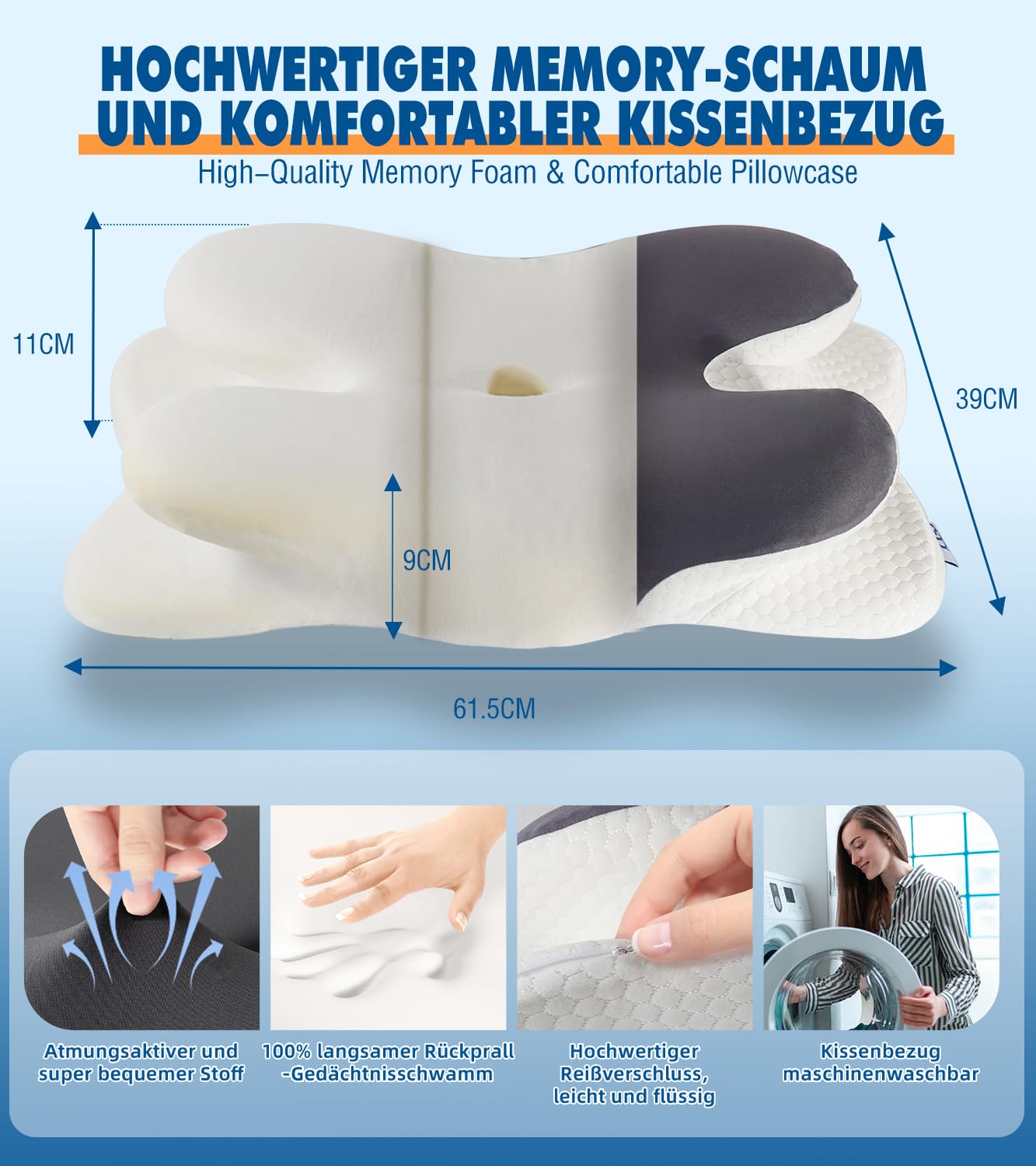 IDEA Nackenstützkissen aus Memory Foam, ergonomisches Kopfkissen & orthopädisches Kissen mit Kühlbezug, gegen Nackenschmerzen und Schnarchen, für Seiten-, Rücken- und Bauchschläfer, 62x40 cm 6
