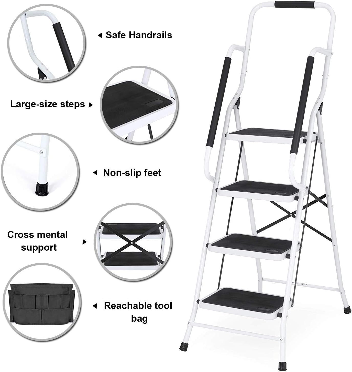 4 Step Ladder Tool Ladder Folding Portable Steel Frame MAX 500 lbs Non-Slip Side armrests Large Area Pedals Detachable ToolBag Suitable for Home Office Engineering: Home & Kitchen