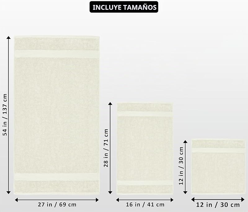 - Conjunto de 8 toalhas de algodão com cabide - 2 toalhas de banho, 2 toalhas de mão e 4 panos de lavar - (Marfim)