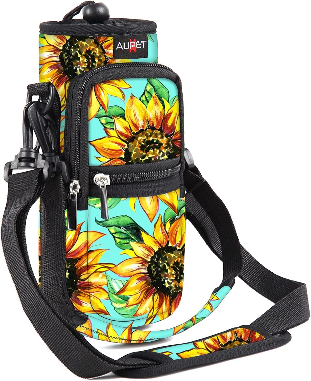 Photo 1 of Water Bottle Sling Bag Sleeve Holder Carrier 25/32/40/64 oz ,Insulated Crossbody Water Bottle Case Cover with Strap and Pockets for Men/Women Walking Hiking Camping (40oz, Sunflower Green background)