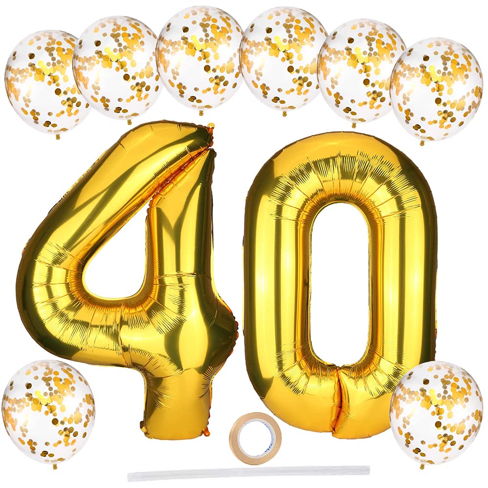 40th Birthday Balloons, Large 40 Inch Helium Number 40 Balloons with 12 Inch Gold Latex Confetti Balloons/Ribbon/Straw, Gold Foil Balloon Set for Men Women 40th Birthday Party Decorations Supplies
