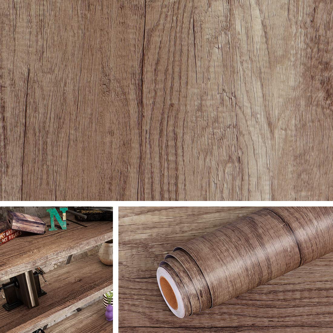 Livelynine 5M X 60CM Wide Wood Effect Vinyl Self Adhesive Worktop Covering Kitchen Cupboards Wood Effect Sticky Back Plastic Rustic Wooden Vinyl Wrap for Furniture Worktops Table Cover Contact Paper