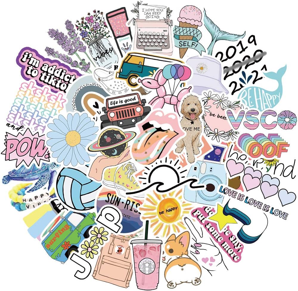 50Pcs VSCO Aesthetic Stickers Pack, Cute Colorful Stickers for Hydro Flask Water Bottles Laptops Computers Skateboards Gifts, Waterproof Vinyl Decals for VSCO Girls Teens