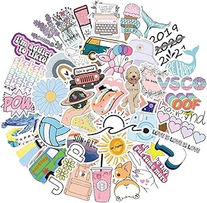 50Pcs VSCO Aesthetic Stickers Pack, Cute Colorful Stickers for Hydro Flask Water Bottles Laptops Computers Skateboards Gifts, Waterproof Vinyl Decals for VSCO Girls Teens