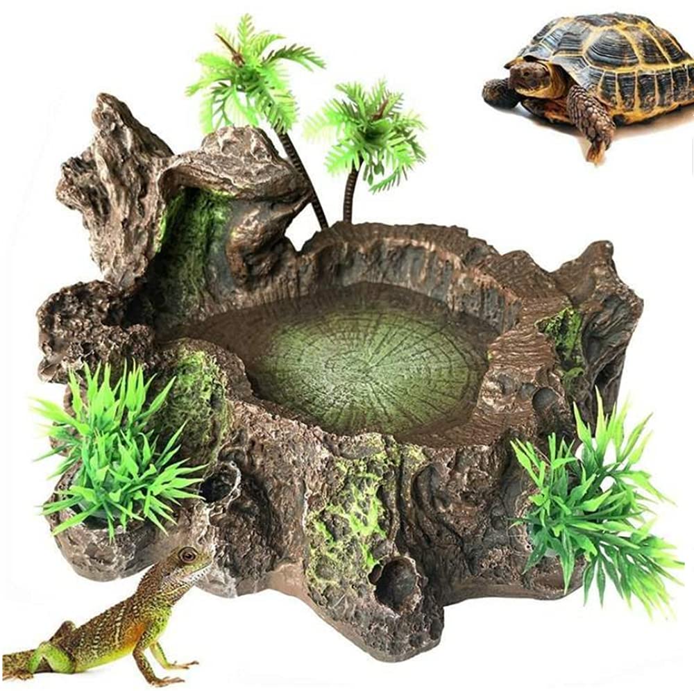 Tikwisdom Reptile water bowl, resin reptile platform designed by rocks and trees, habitat, decorative glass container, water tank decoration