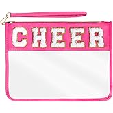 Hmxpls Chenille Letter Bag, Clear Nylon Cosmetic Makeup Bag with Zipper, Varsity Preppy Patch Flat Travel Pouch for Women Girls Gift (Rose-CHEER)