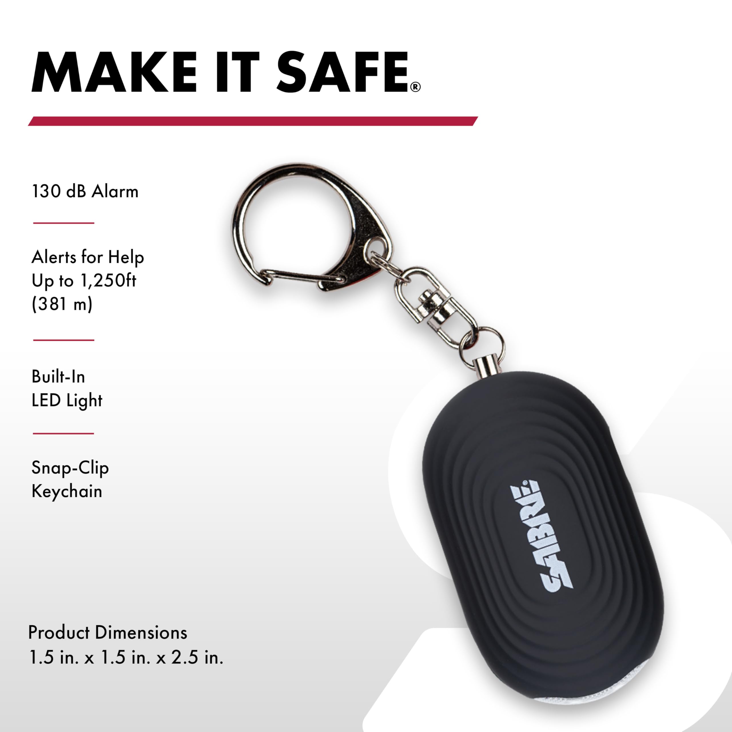 SABRE 2-in-1 Personal Alarm with LED Light, 130dB Personal Safety Siren, Snap Hook for Instant Access, 1,250 Foot (381 Meters) Range, Compact Design for Easy Attachment to Purse, Bag, or Keys
