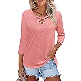 Heymiss Womens Tops 3/4 Sleeve V Neck Shirts Loose Casual Tunic Blouses Criss Cross Summer Tshirts