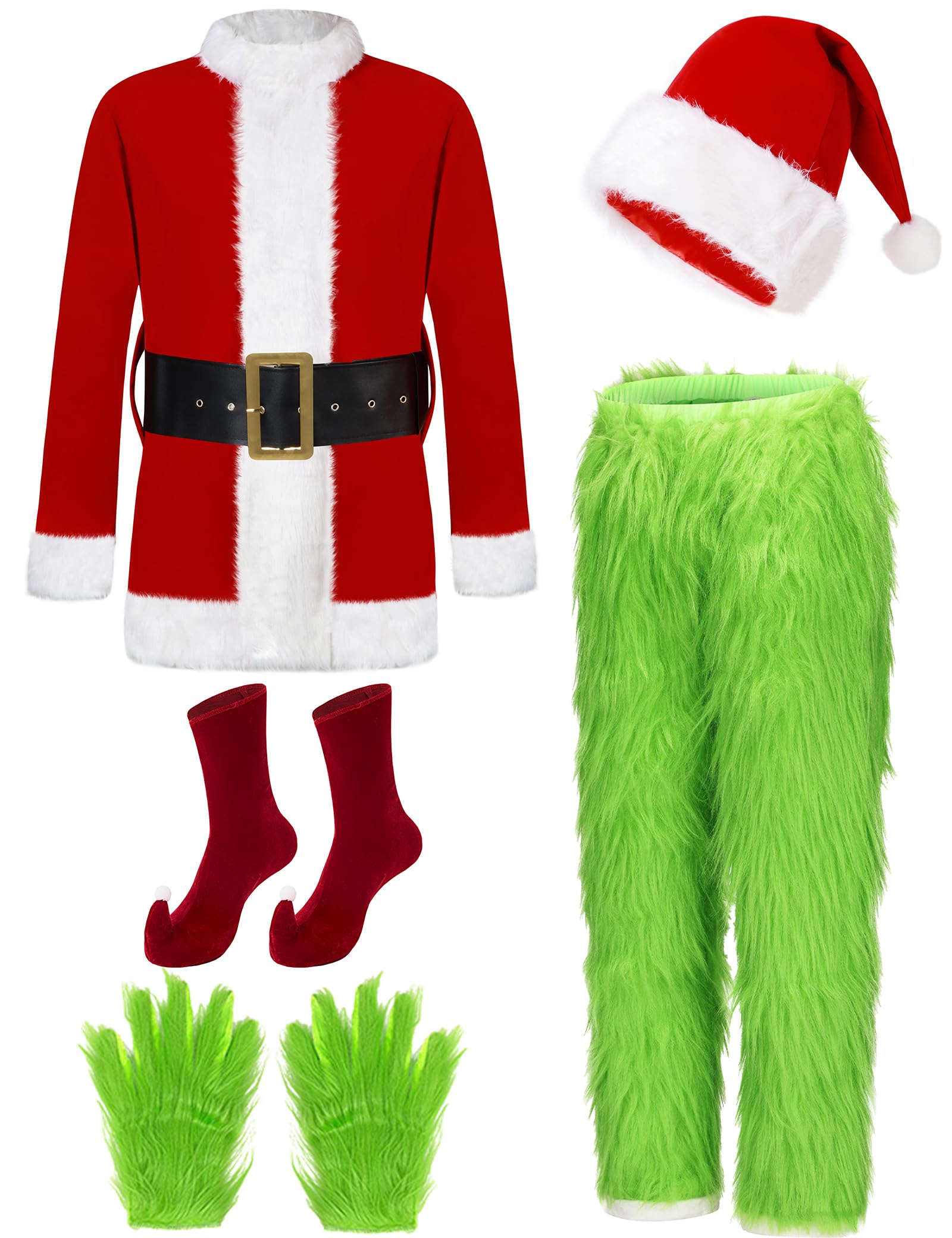 Photo 1 of Watato Christmas Costume for Men Green Giant Monster Adult 7PCS Deluxe Santa Suit Furry Halloween Cosplay Outfit for Xmas XL