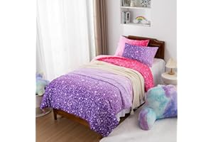 Holawakaka Kids Space Star Glitter Comforter Set Ombre Red & Purple Print Ombre Bedding Set Twin/Twin XL Size Girls Gradient Galaxy Dorm Bed Sets (Red Purple,Twin)