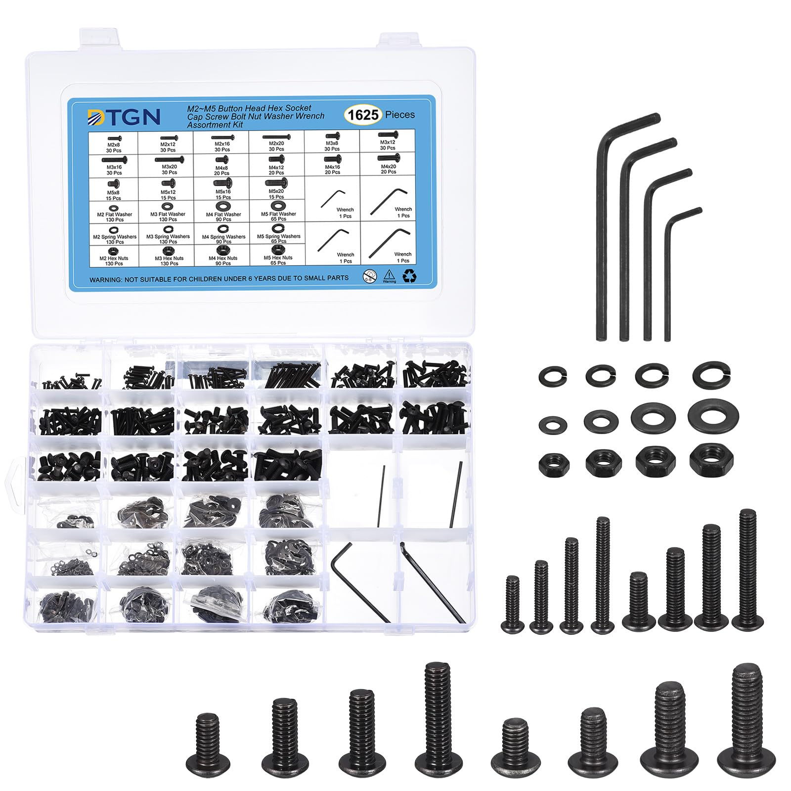 DTGN 1625Pcs M2/M3/M4/M5 Button Head Hex Socket Cap Screw - Bolt Nut Washer Wrench Assortment Kit Carbon Steel Black - Good for Machine, Furniture