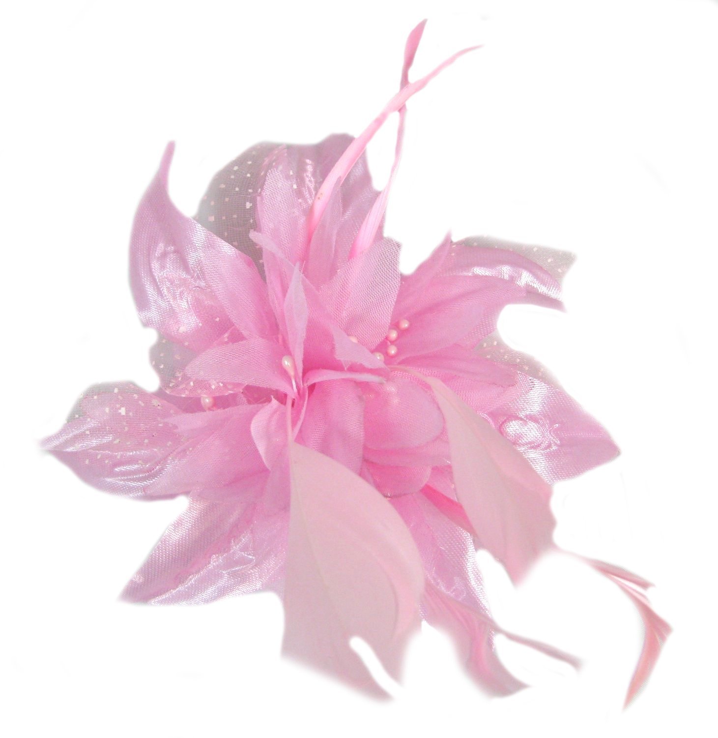 Flower Net and Feathers Fascinator On A Comb 9 Colours (Pink)
