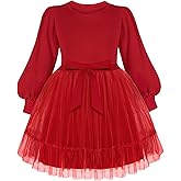 Arshiner Tulle Dress Toddler Girls Puff Long Lantern Sleeves Fall Winter Tutu Party Dresses with Tie Belt 3-8Y