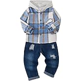 JOIMOCY Toddler Boy Clothes Baby Boys Fall Winter Outfits Plaid Hooded Sweatshirt Ripped Holes Jeans Set 2-5T