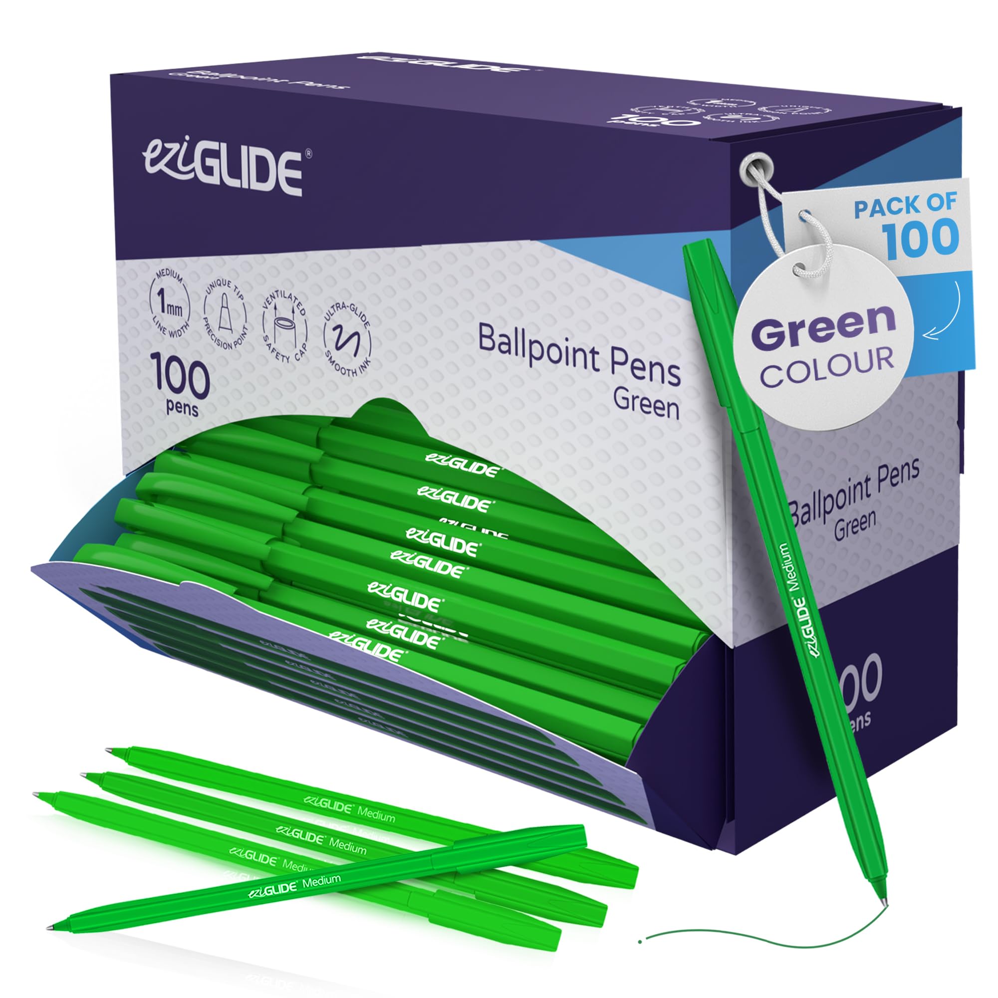 Eziglide 100-Pack Ballpoint Pen Set, Green – Easy Grip & Medium Point (1.0mm) for Ultra-Smooth, Skip-Free Writing & Quick-Dry Ink – Ideal for Office, Work, School, Home & Stationery Use