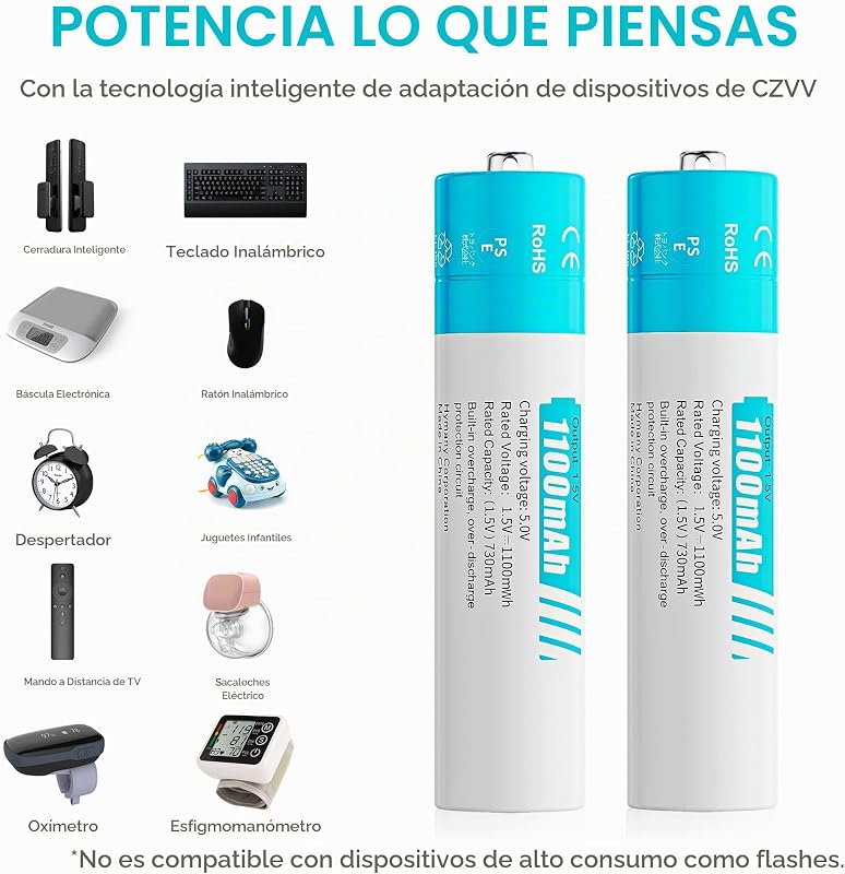 Pilas Recargables AAA Litio 1,5V - LCD Cargador de Pila AA AAA con 8 Unidades Baterias Lithium Capacidad Alta 1100mWh - Ultra Rápido 2H - Duración 10 Años,1300 Ciclos para Juguetes, Afeitadoras — foto 5 de 7