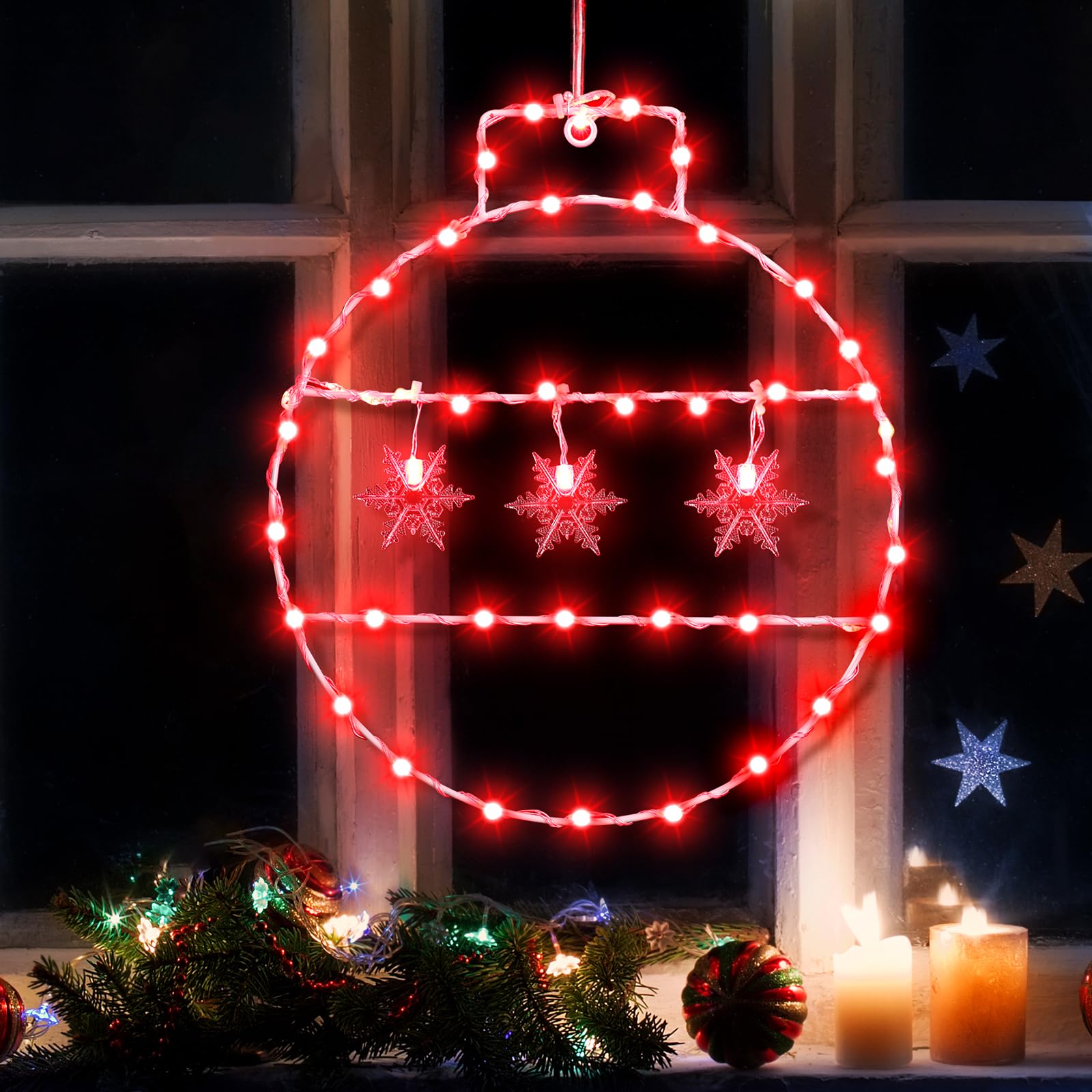 Photo 1 of 13.4x12 Inch Christmas Window Lights Decorations Iron Christmas Window Hanging Snowflake Lights Battery Powered Christmas Window Decor with Suction Cup for Xmas New Year Party Window Wall Door Glass
