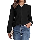 ZAFUL 2025 Womens Cute Tops Dressy Casual Scalloped V Neck Work Shirts Puff Long Sleeve Textured Blouses