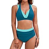 BMJL Women's High Waisted Bikini Sets Tummy Control Swimsuits Two Piece Color Block Modest Bathing Suit