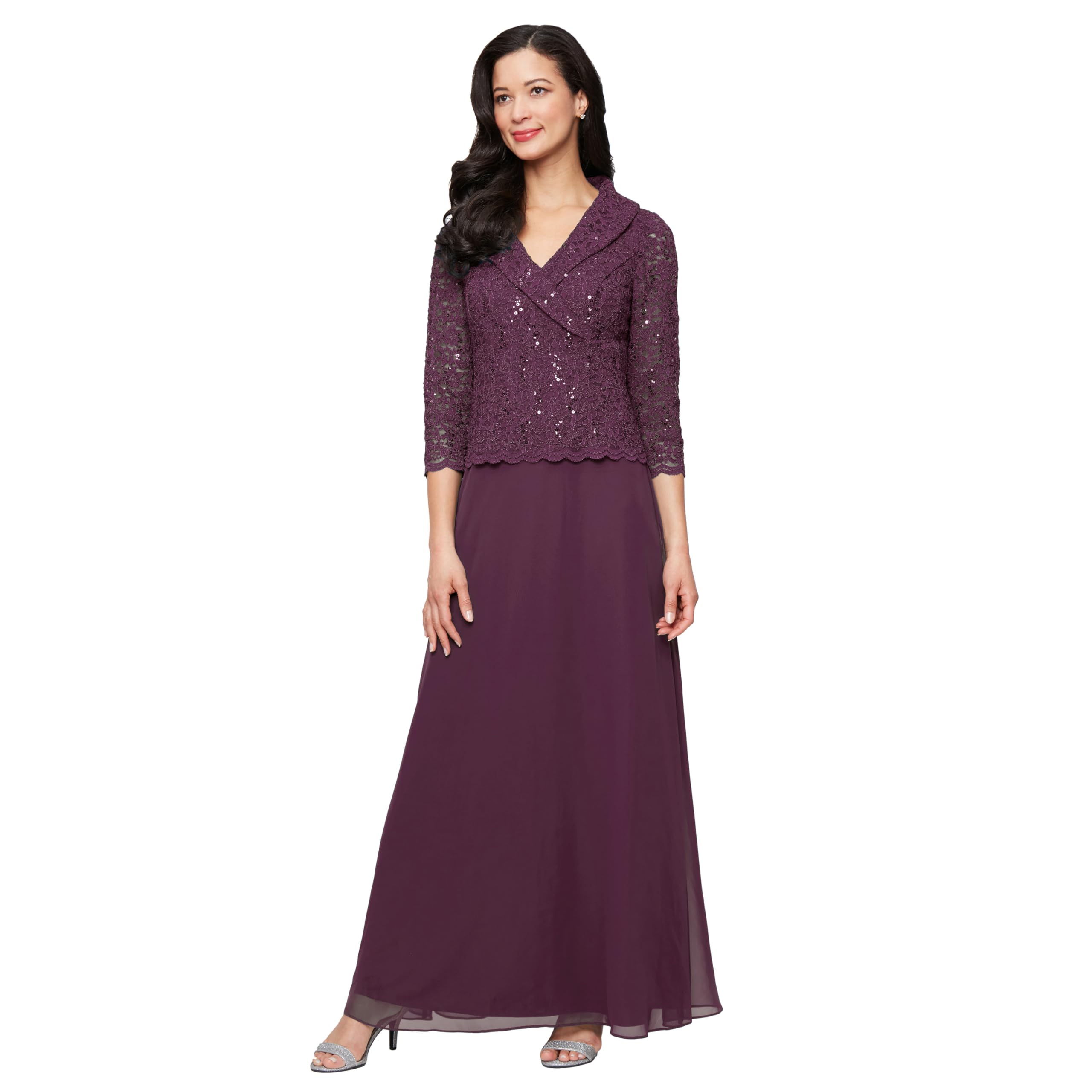 Alex Evenings Women’s 3/4 Sleeve Portrait Collar Stretch Lace Bodice Mother of The Bride Dress (Petite and Regular Sizes)