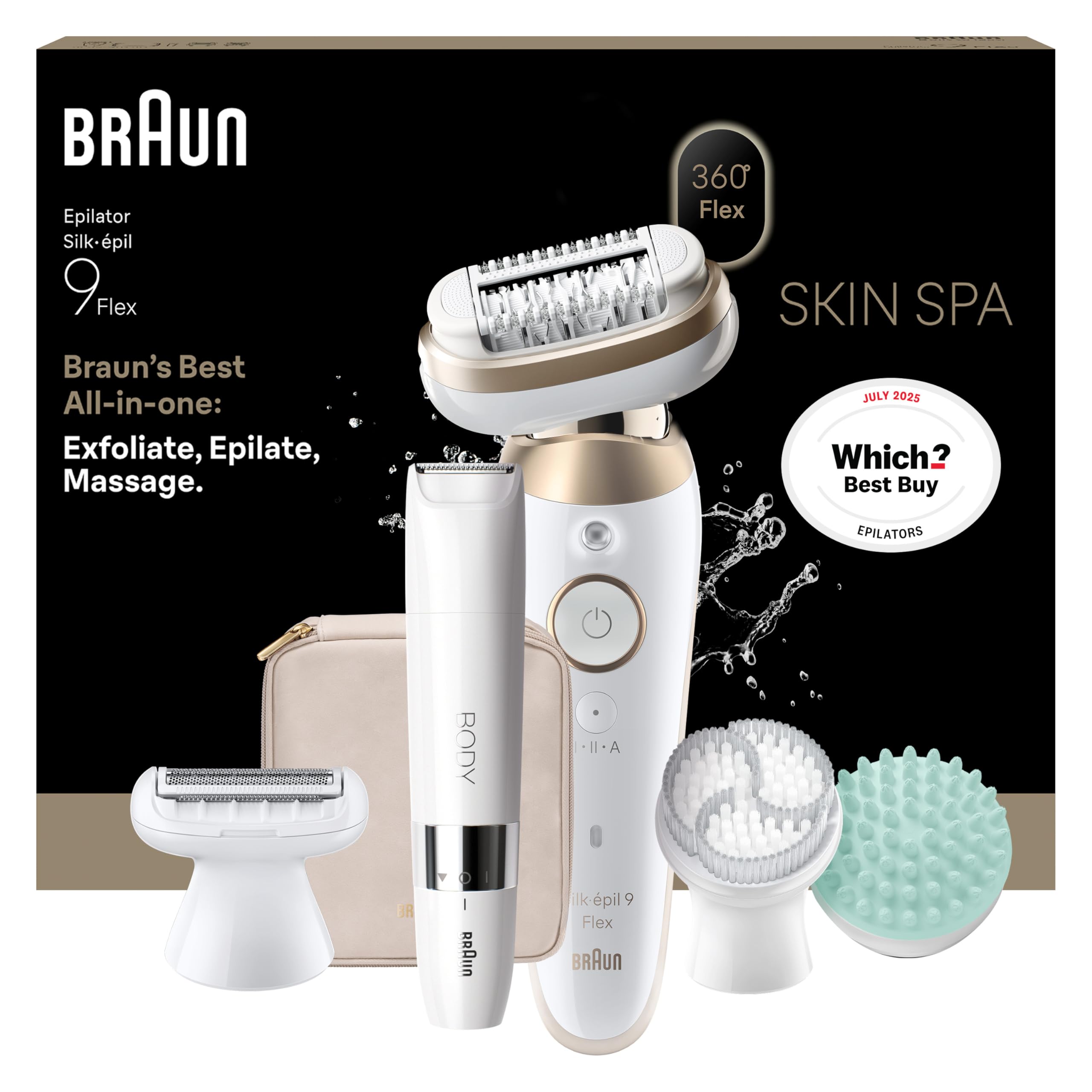 Braun Silk-épil 9 Flex SkinSpa, Epilator with 360° Flexible Head for Easy Hair Removal, Wet & Dry, Lasting Smooth Skin, All-in-One Kit, with Body Mini Shaver, SES9-481 3D, White/Gold