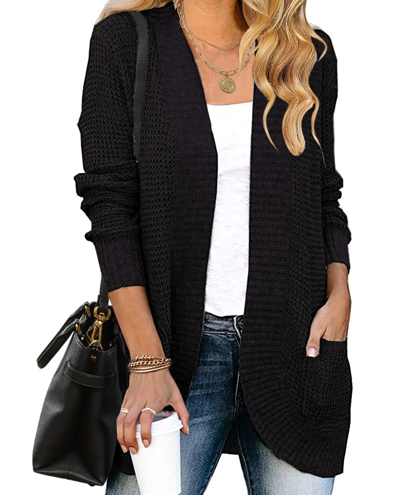 Photo 1 of MEROKEETY Womens 2025 Fall Long Sleeve Open Front Cardigans Chunky Knit Draped Sweaters Outwear Black