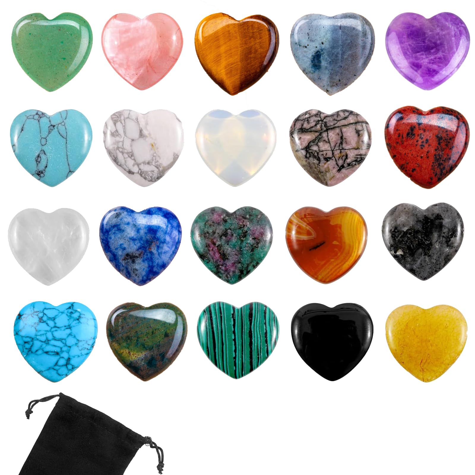 Tyrzol 20 Pcs Healing Crystals Natural Heart Stones Set Crystals and Gemstones Healing Crystal Gifts and Gemstones with Storage Bag for Beginners Stress Relief Meditation Yoga, Healing Gifts