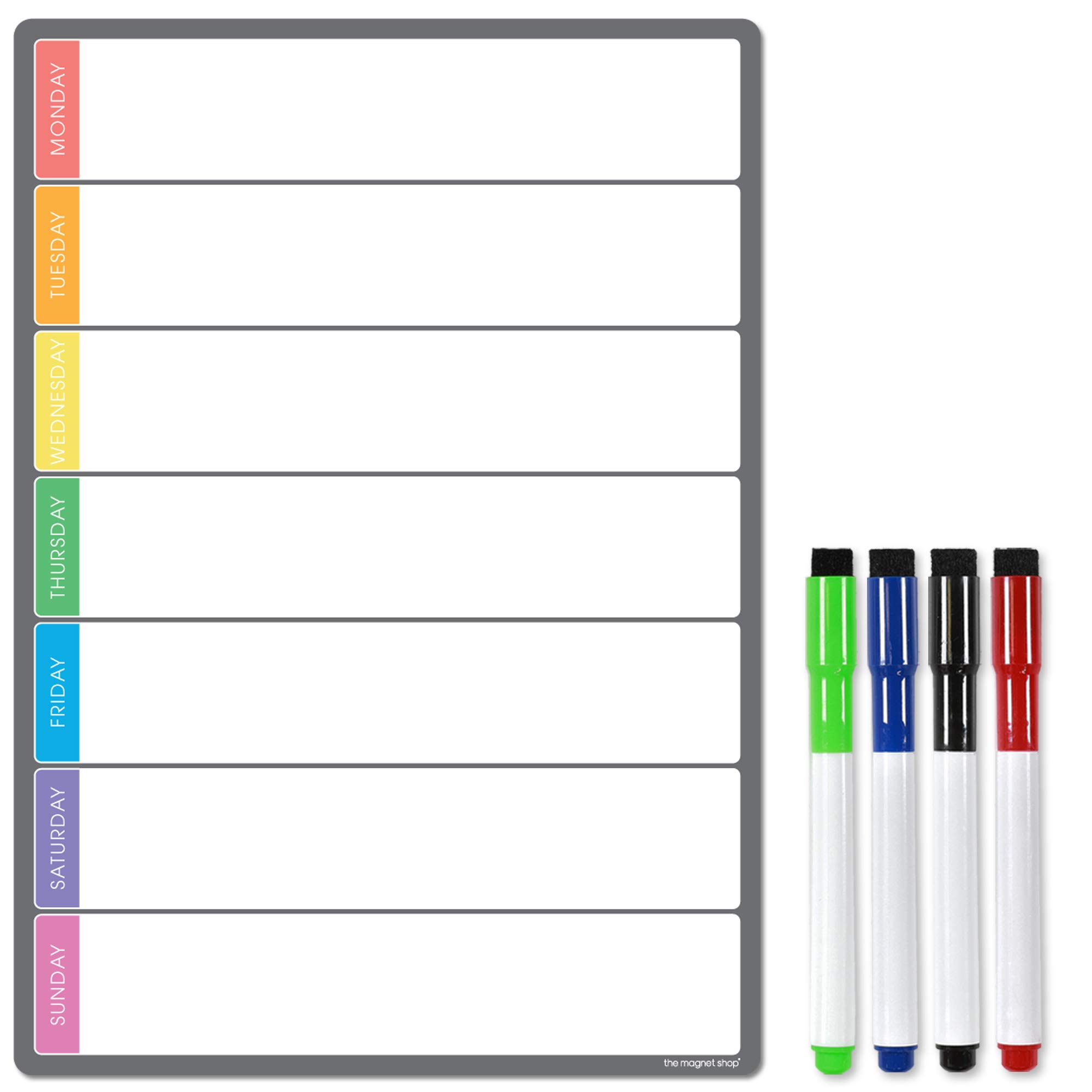 TMS Magnetic Weekly Planner and Organiser A4 | Fully Customisable Whiteboard for Family/Business Task and Meal Planning | with Free Pen (Multi-Coloured Style 2 4 Pens, A4)
