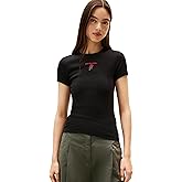 Tommy Jeans Women's Ribbed Graphic Tee with Embroidered Rose Logo Detail